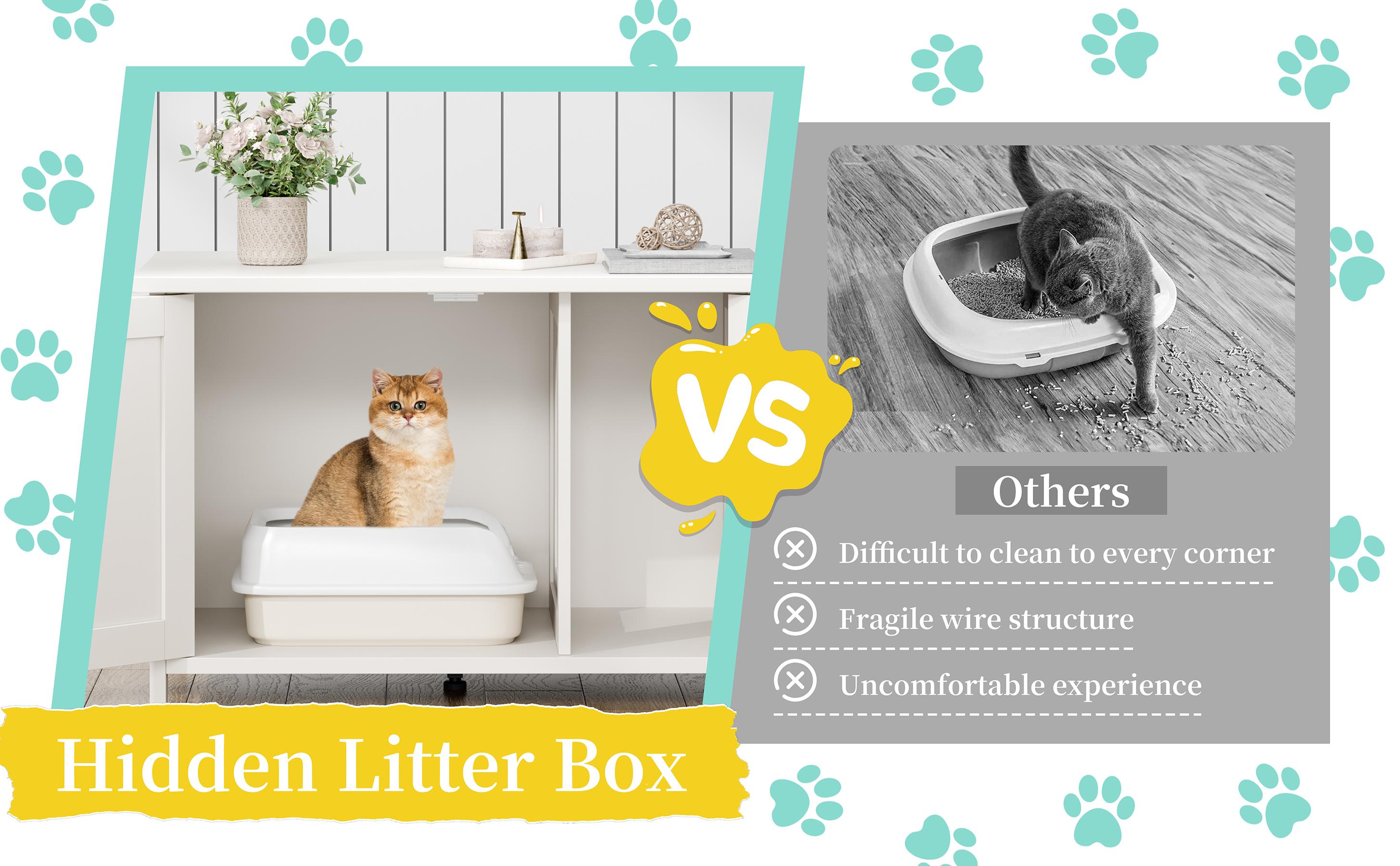 Walsunny Cat Litter Box Furniture with Removable Divider, Hidden Enclosure and End Table - White, Brown, Gray Wood