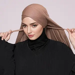 Thin Breathable Solid Color Jersey Hijab, Soft Cozy Lace-up Boho Headscarf for Women with Forehead Crisscross Sunscreen Head Wrap