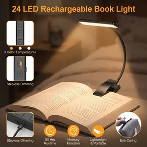1000mAh Rechargeable Book Light – 24 LED 400LM Clip On Reading Lamp with 3 Brightness & 3 Color Temperatures, Cordless Bedside Light for Night Reading & Travel portable bookmark