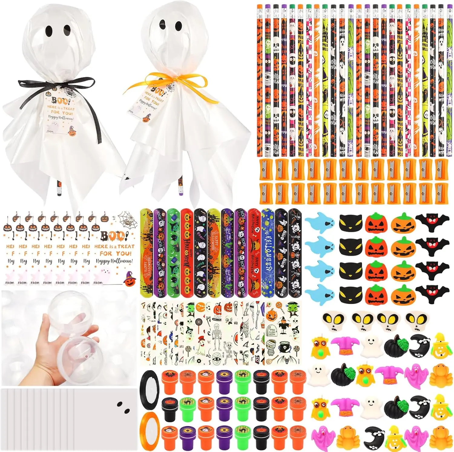 Halloween fall Gift 24 Pack Halloween Party Favors for Kids, Giant Lollipop Classroom Gift Set with Gift Cards, Pencils, Erasers, Stickers & Sharpeners, Halloween Classroom Exchange, Birthday Party Goodie Bag Fillers
