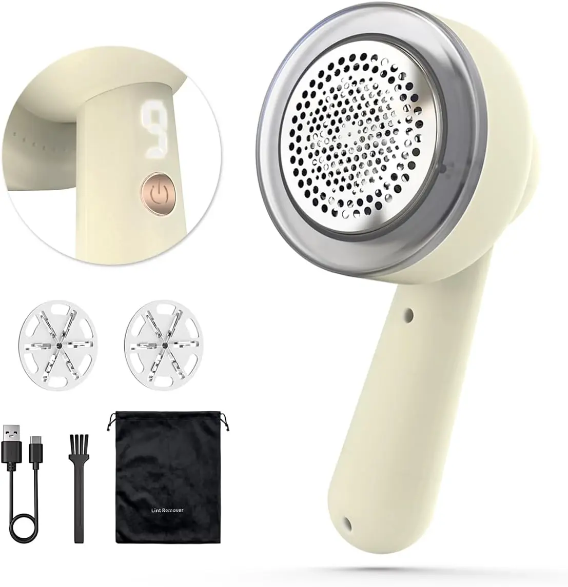 Rechargeable Fabric Lint Remover - Compact, 6-Leaf, LED Digital Display, 3-Speeds Adjustable, Synthetic Fabric Compatible, Ideal for Travelers, Clothing & Couch, Cream White