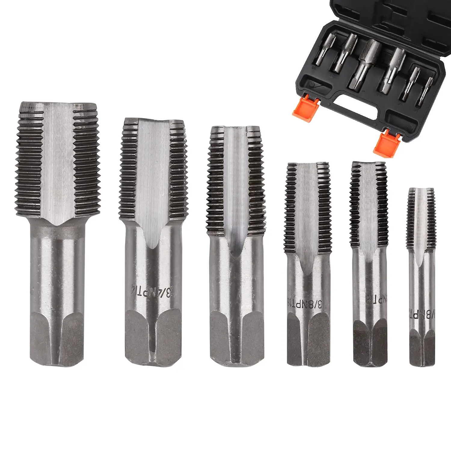 HORUSDY Carbon Steel Pipe Threader Kit - Durable Construction 6-Piece Tap Set with 1/8"-27, 1/4"-18, 3/8"-18, 1/2"-14, 3/4"-14, 1"-11.5 Sizes for DIY Plumbing & Hardware Tasks