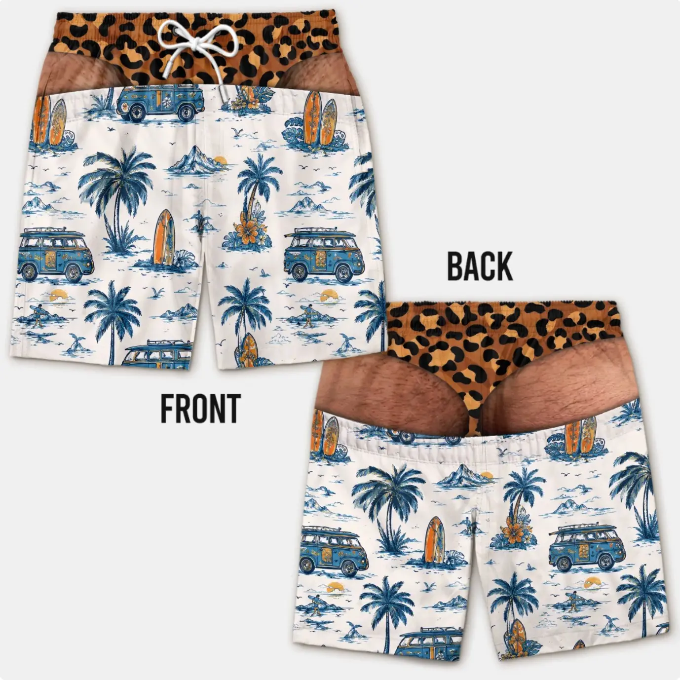 Vintage Surf Swim Trunks, Palm Tree Van Beach Board Shorts, Cheeky Back Cut Design, Custom Skin Tone Beachwear, Gold Waistband, Summer Vacation Outfit