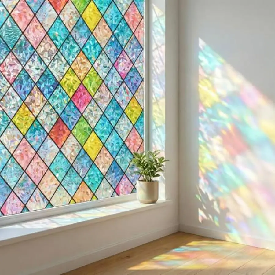Window Privacy Film Stained Glass Window Clings 3D Rainbow Film for Glass Door Decorative Lattice Stickers Static Cling Sun Blo