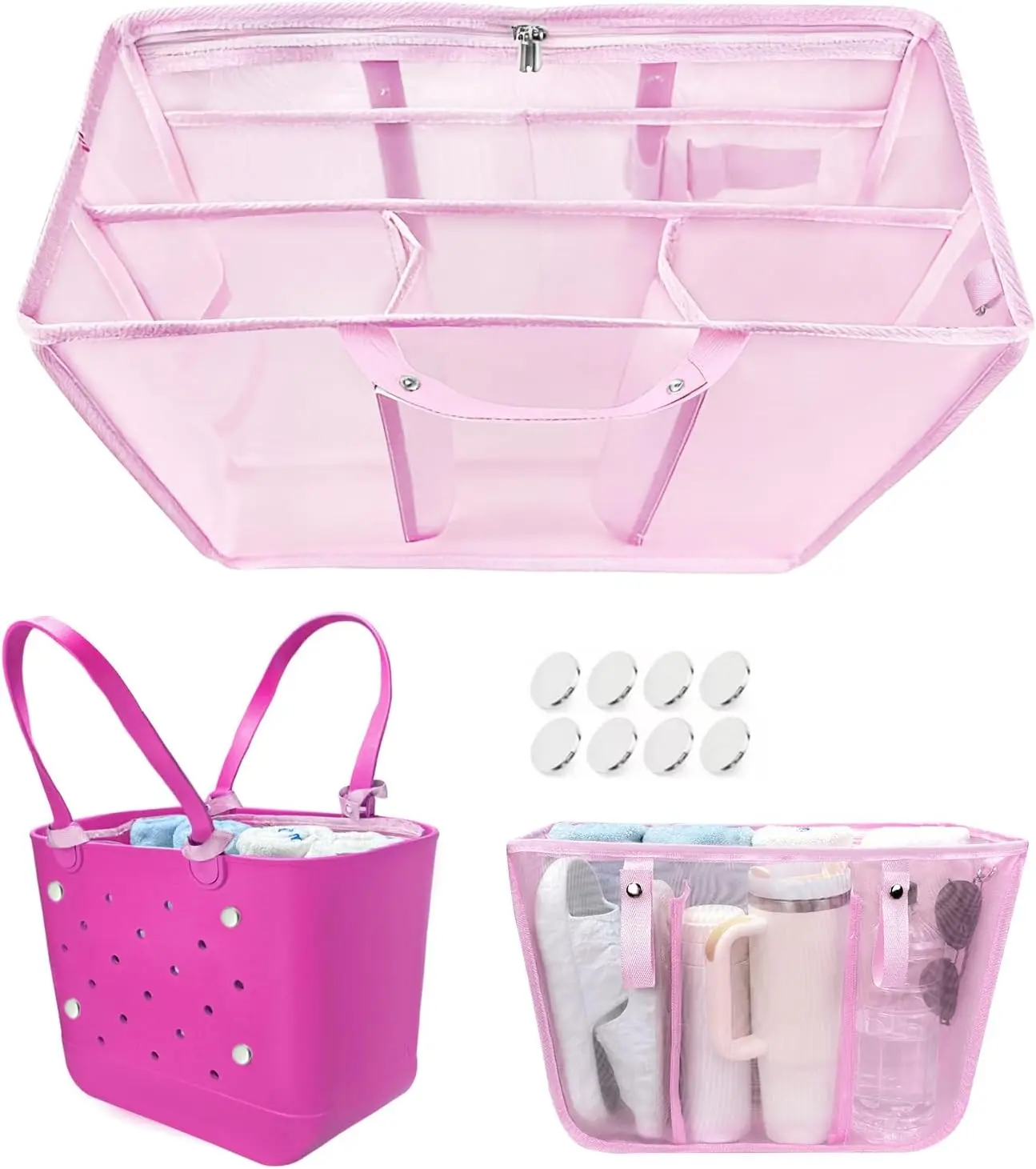 Beach Bag Organizer Inserts for Large Simple Modern Bag Accessories, with 8 Removable Metal Fasteners, Lightweight Mesh Insert Divider Pouch, Organizing Rubber Tote, Save Space, PinkGift.