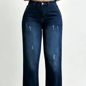 Women's High Waist Straight Leg Washed Cold-Wash Jeans - Lady's Comfortable Lightweight Bottoms, Fitted Sculpted Trousers, Minimalist Pockets Design, Instant Leg-Lengthening, Shape-Retaining Flattering Fit for All Seasons Day Wear