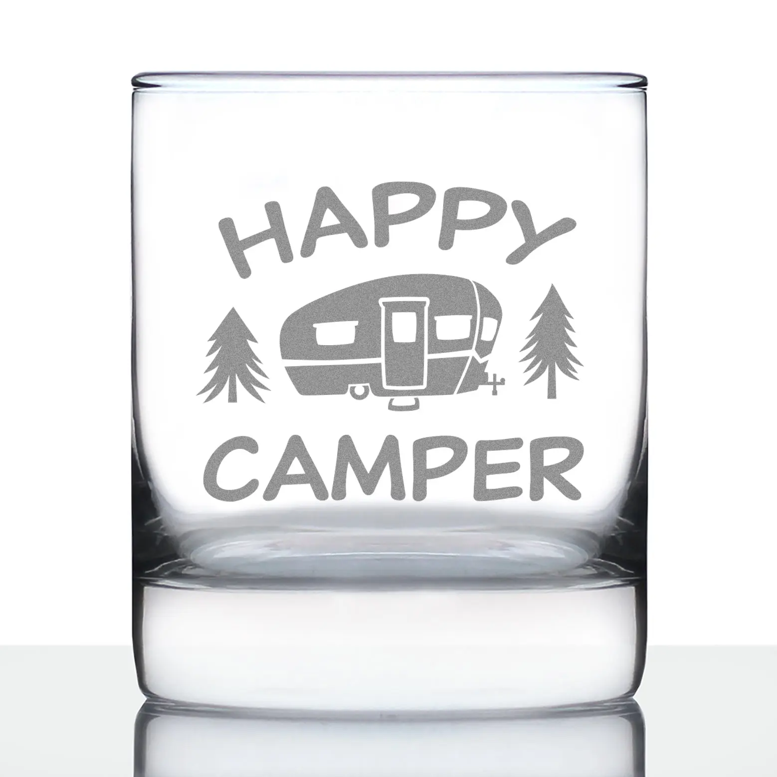Happy Camper Whiskey Rocks Glass - Premium Engraved Custom Tumbler, Large Engraved Custom Glassware for Whiskey Enthusiasts, Engraved Glasses, Custom Engraved Glasses