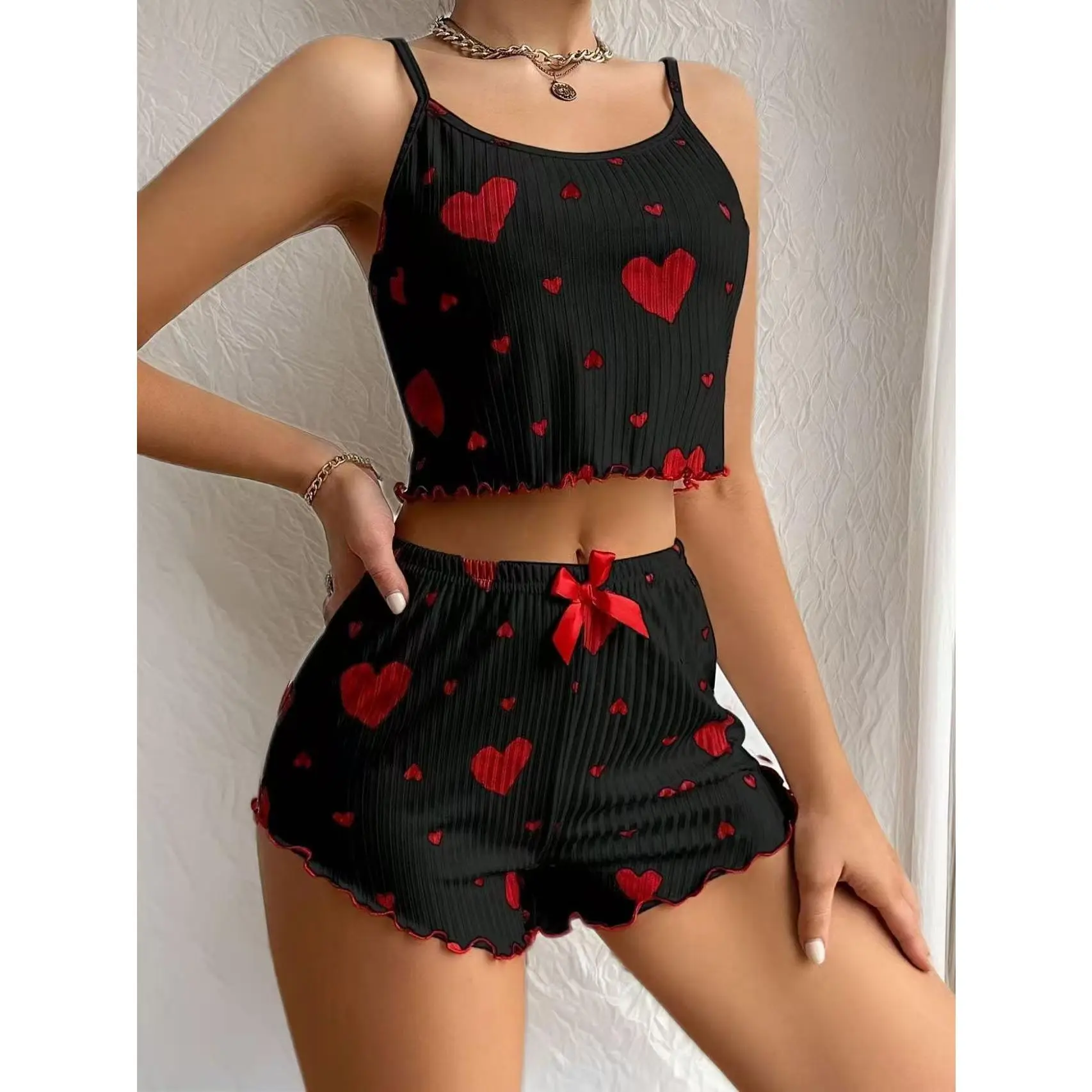 Women's Sexy Heart Print Frill Trim Ribbed Pajama Set, Round Neck Backless Crop Cami Top & Shorts, Comfortable Relaxed Fit