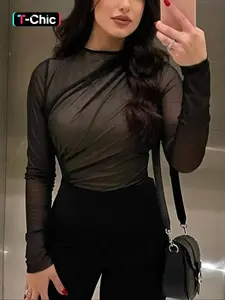 Women's Sexy Slim-Fit Bodycon Long Sleeve Jumpsuit, Plain Color Ruched Design, Spring & Fall Fashion, Comfortable Moderate Fabric, Sheer Mesh Bodysuit