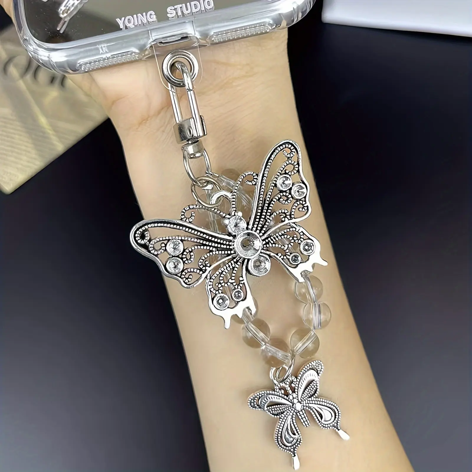 Silver Double-layer Butterfly-shaped Mobile Phone Pendants, Phone Charm, Cell Phone Charm, Phone Wrist Strap for Transparent Earphone Storage, DIY Mobile Phone Case, Universal Clothing Decoration Pendant, Mobile Phone Chain