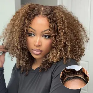 Wear And Go Affordable Glueless Ready To Wear Wig Human Hair Pre Plucked Precut, P4/27 Highlight Ombre Honey Blonde Curly Bob, 180% Density 5x5 Lace Closure Glueless Wigs With Natural Hairline For Women