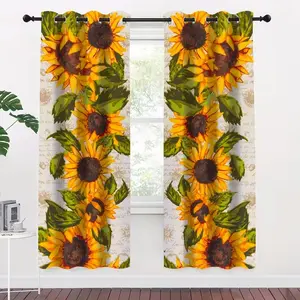 Country Sunflower Floral Decor, Semi-Transparent Digital Print Living Room Curtains, Window Curtain, Elegant Home Furniture Decoration, Set of 2