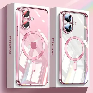 Transparent Phone Case with Luxurious Electroplating Magnetic Wireless Charging for iPhone 11-16 Pro Max Plus Shockproof TPU Lens Protector
