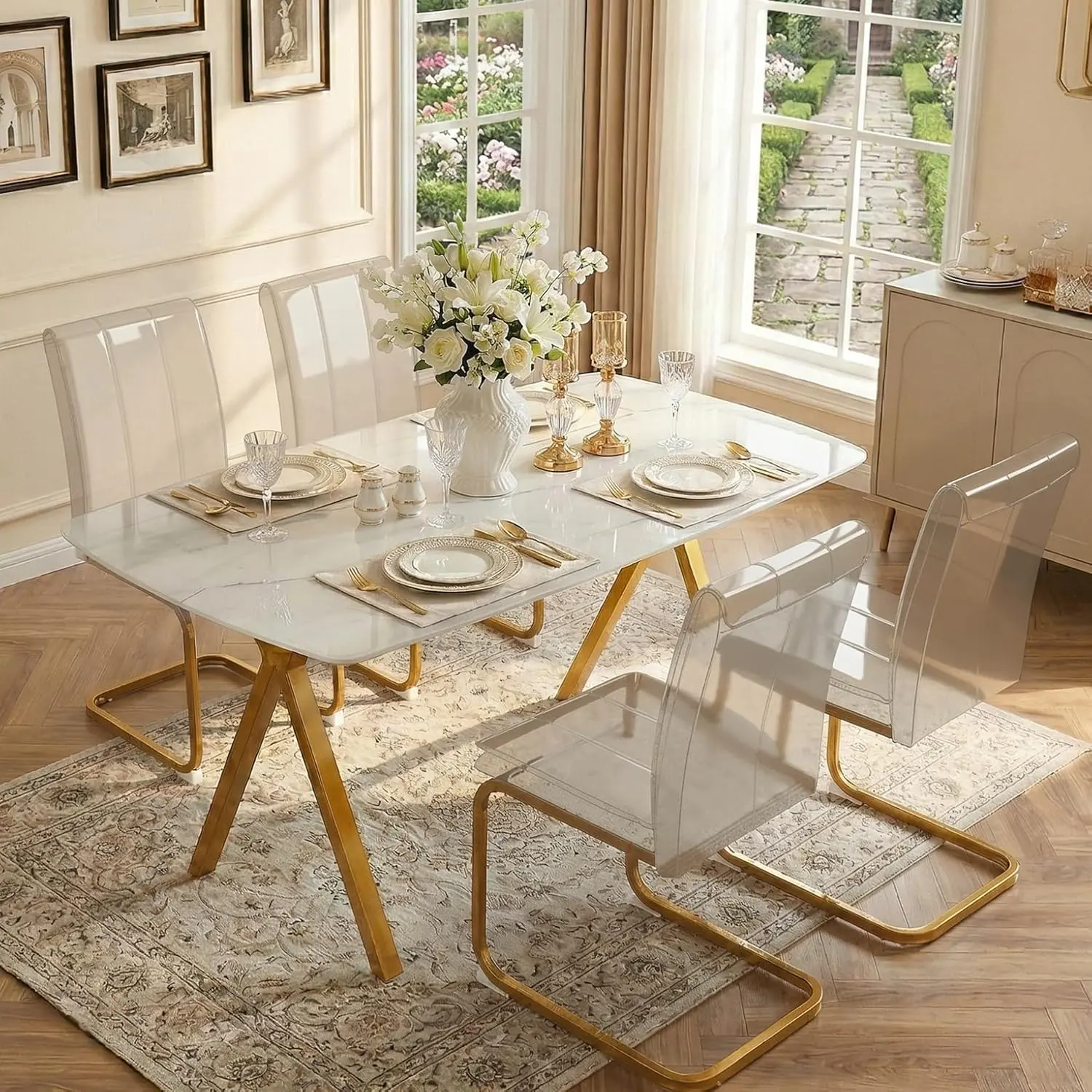 Dining Table for 4, 51.2" Glossy Sintered Stone Top Dining Table with Carbon Steel Legs, Modern Dining Room Table for Kitchen, Living Room (Gold, Table Only)