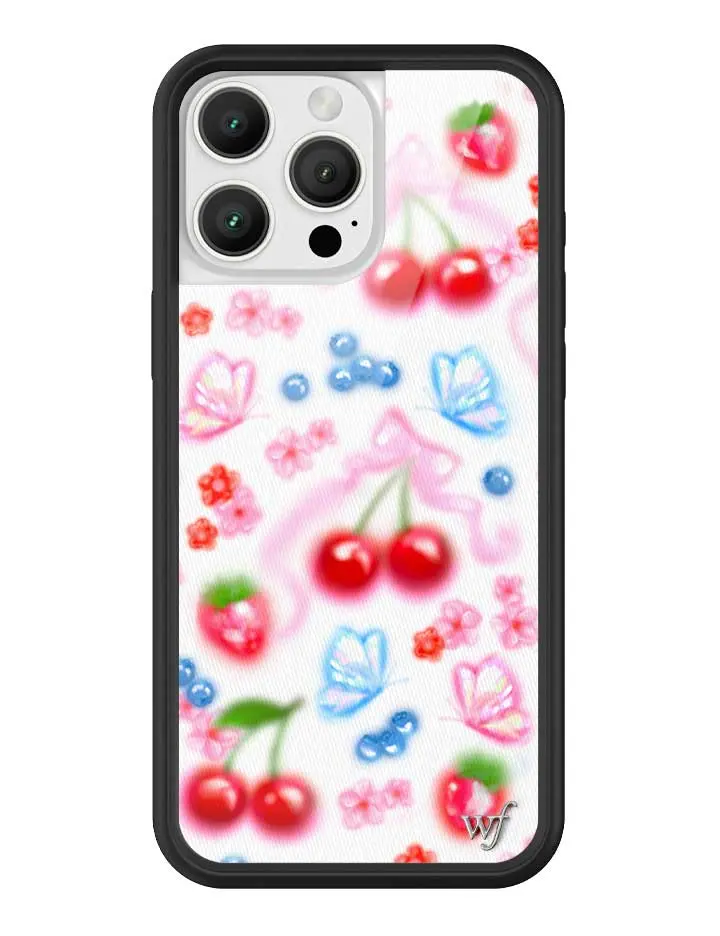 Sweet Cherries | Limited Edition Trendy iPhone Case | Raised Protective Black Bumper | Women Owned Small Business | White Background Vibrant Shiny Pink Bows and Shiny Red Cherries | Safety Casing Protective | Gift for Her