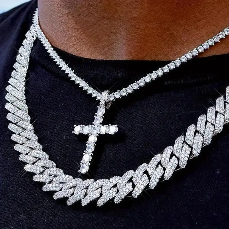 Hip Hop 2pcs 14MM Prong Cuban Necklace with Cross Charm for Men Women Iced Out 2 Row Cuban Link Chain Jewelry Set Metal Coating