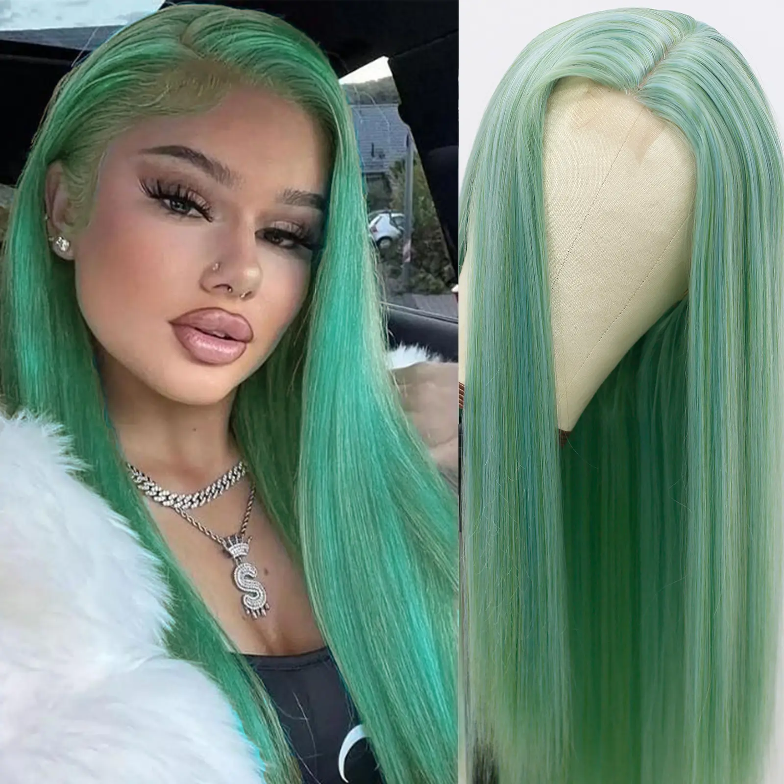 SUESHE Wigs 4*1 Ombre Green Mixed Blue Wig 26 inch Long Straight Lace Front Wig for Women Natural Heat Resistant Fiber Synthetic Straight Highlight Green Wigs for Halloween Daily Use Party Cosplay