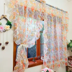 French Vintage Tea Rose Lace Half Curtain, Garden Style Kitchen Short Curtains, Window Sheer Drapes, Home Decor