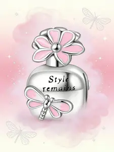 Elegant Flower & Dragonfly Perfume Charm, Style Remains Quote, Floral Jewelry for Pandora Bracelet, Women's Accessory