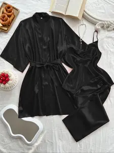 Women's Solid Color Pajama Set, Elegant Casual Belted Robe & Adjustable Spaghetti Strap Cowl Neck Camisole & Elastic Waist Pants PJ Set, Ladies Sleepwear with Belt for All Seasons