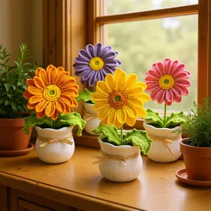 Sunflower Yarn Crocheted Potted Plant Cute Four-Strand Knitted Chrysanthemum Bouquet Desktop Ornament Knitted Artificial Flower Arrangement