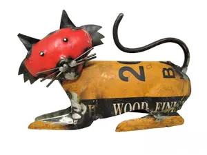 Colorful Recycled Scrap Metal Kitty Cat Statue - 5.25" x 7.75" for Home or Garden Decor - Tail, Ornaments