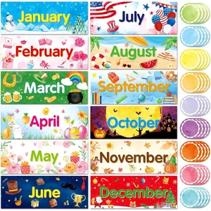 48 Pack Holiday Monthly Headliners 12 Months of The Year Bulletin Board Set Seasonal Monthly Headers Month Calendar Cards with 36 Round Colorful Cutouts for Classroom School Decorations