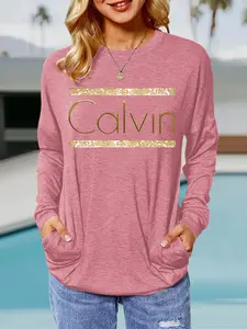 Women's Spring & Fall Calvin Gold Print Round Neck Long Sleeve Pullover, Loose-Fit Casual Top with Pockets, Comfortable Breathable Fabric