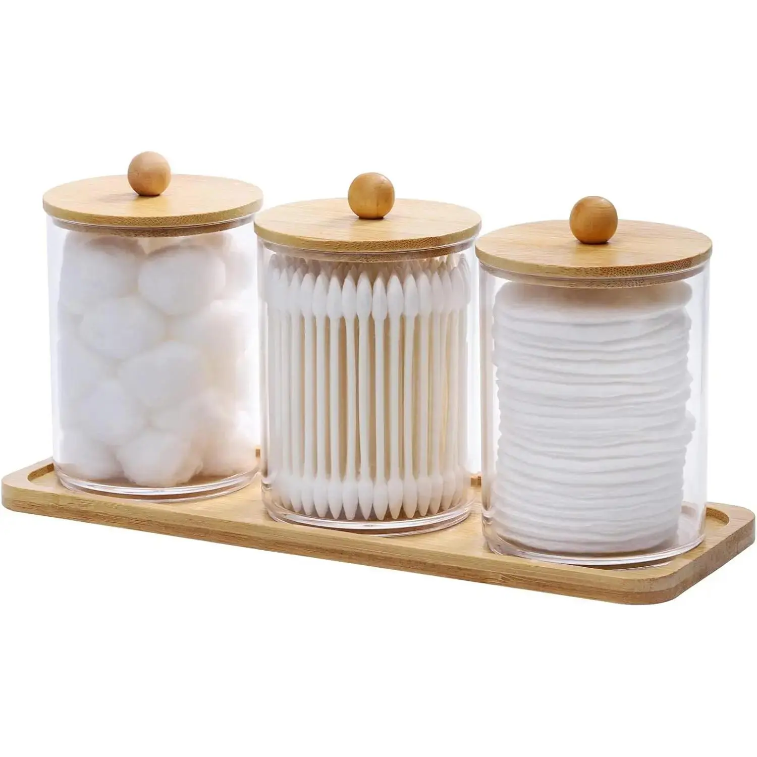 Clear Storage Box with Wooden Lid, 3 Counts Cotton Balls Cotton Swabs Storage Container, Household Storage Box for Home Dormitory Bathroom Hotel, Bathroom Counter Organizer