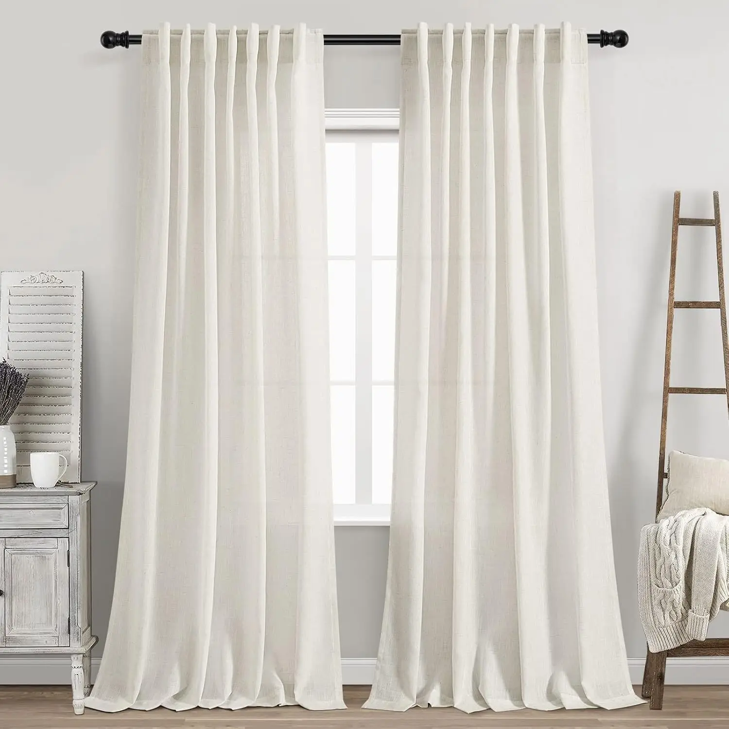 Cream Linen Back Tab Curtains, 84-Inch Easy Install Option for Farmhouse Windows, Including Curtain Holders, Easy Install Curtain