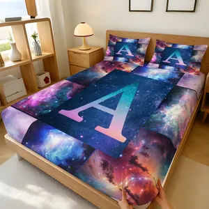3 pieces fitted sheet with gradient galaxy letter print, elastic band design for non-slip fit, soft and wearable, perfect for single girls and student dormitory daily use