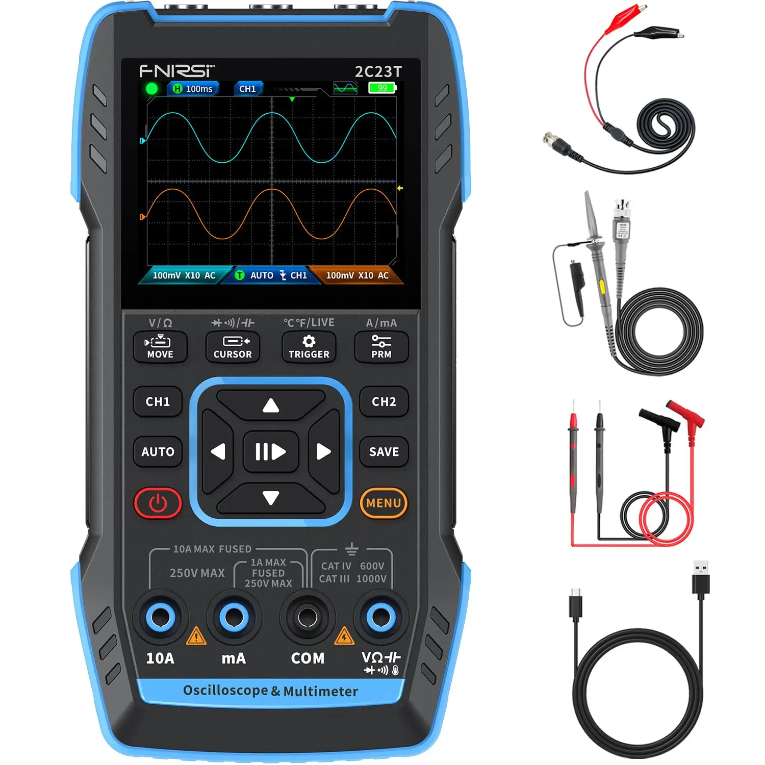 2C23T 3 in 1 Handheld Oscilloscope Multimeter DDS Generator, 2 Channels, 10MHz Bandwidth, 50MSa/s Sampling Rate, 10000 Counts, Voltage, Current, Capacitor, Resistor, Diode Test