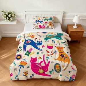 2/3Pcs Mexican Folk Style Colorful Cat Comforter Set, Tropical Floral Elements, Create Comfortable Boho Sleep Environment (With Filling, No Pillow Inserts)