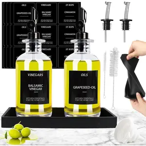 2 count Olive Oil Dispenser Bottle For Kitchen, Glass Oil and Vinegar Dispenser Set, Soy Sauce Dispenser W.  Tray & Labels & 2 Replacement Spouts, Coffee Syrup Dispenser