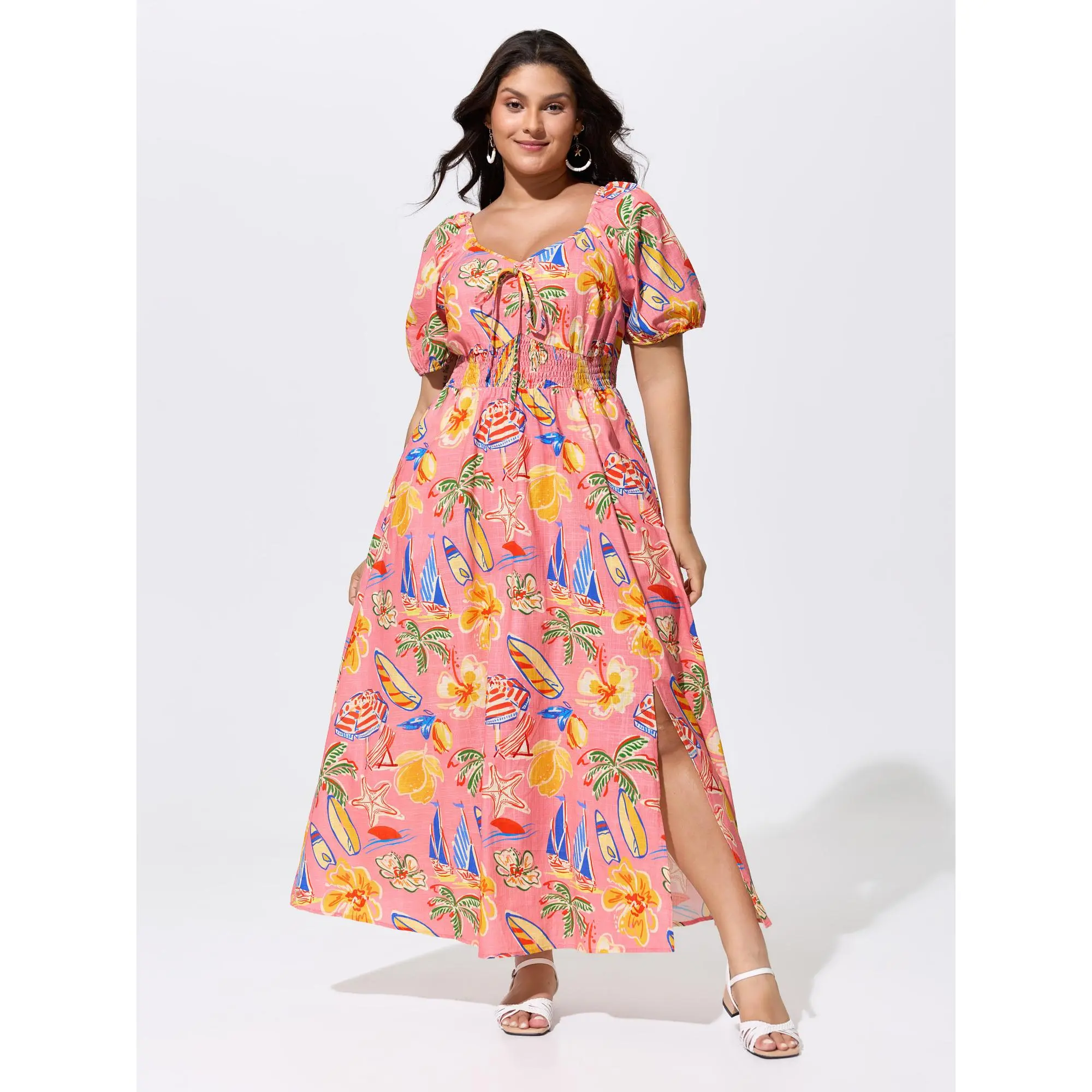 BloomChic Women's Plus Size 100% Cotton Maxi Dress - Multicolor Palm Print, Heart Neckline, Lantern Sleeves, Smocked Waist, Pockets, Breathable Casual Wear for Everyday Bohemian Vacation Outings