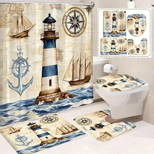 4 pcs ocean lighthouse, anchor, sailboat pattern design, Decorative shower curtain set, non-slip floor mat, U-shaped carpet, toilet lid cover, perfect for bathroom decoration, 12 shower curtain hooks are given, Bathroom decoration accessories