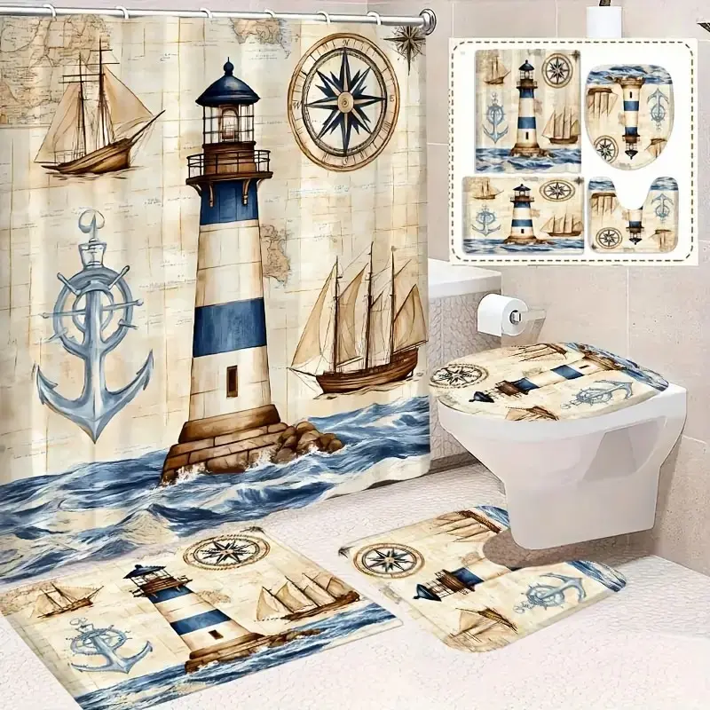 4 pcs ocean lighthouse, anchor, sailboat pattern design, Decorative shower curtain set, non-slip floor mat, U-shaped carpet, toilet lid cover, perfect for bathroom decoration, 12 shower curtain hooks are given, Bathroom decoration accessories