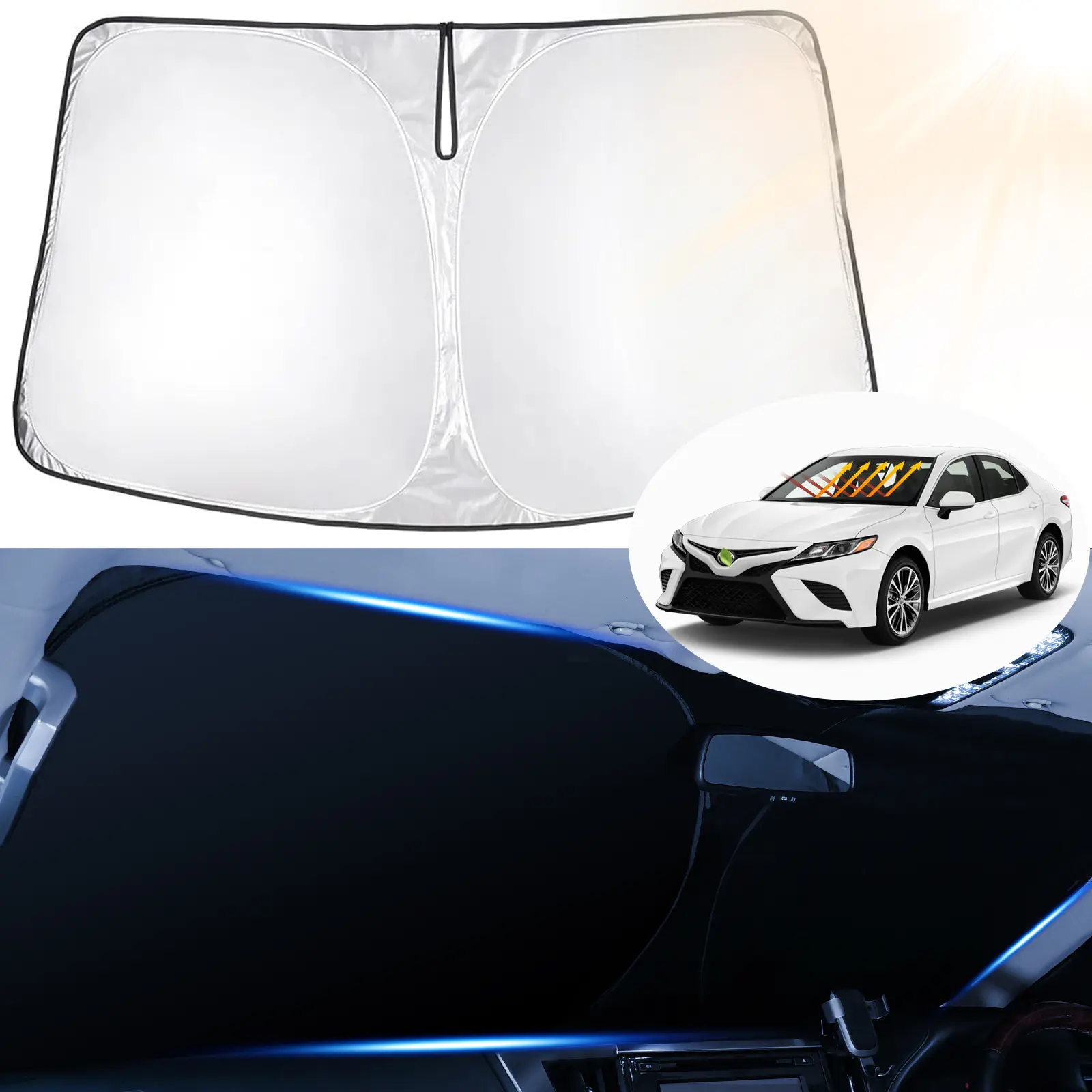 Canvcle Custom Fit Windshield Sun Shade for Toyota Camry 2007-2024, UV-Blocking Front Window Protector, 240T 5-Layer Full Coverage Foldable Sun Visor, Blocks 99% UV Rays, Keeps Car Cooler