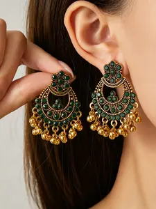 Women's Bohemian Feng Shui Rhinestone Beaded Dangle Earrings, Vintage Plated Lightweight Indian Jewelry, Perfect for Weddings and Parties