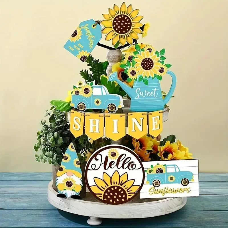 Sunflower Themed Tiered Tray Decoration, 12pcs/set Cute Car & Sunflower Decoration, Farmhouse Home Decor for Living Room Office, without Tray, Ornaments