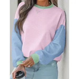 Oversized women’s colorful striped print pullover, suitable for autumn and winter knitwear, with medium fabric thickness.