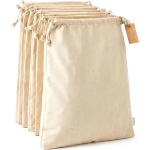 Reusable Muslin Drawstring Cotton Storage Bags, 6-Pack X-Large 14x17 Inch Biodegradable Canvas Sacks Perfect for Storing Bread, Bulk Produce, Potatoes, Onions, Shoes