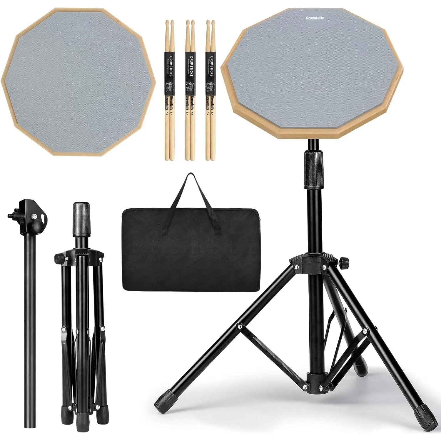 Drum Practice Pad Snare Drum Stand Set 12 In With Double Sided Silent Drum Pad, Drum sticks,Carrying Bag Adjustable Stand (Grey)
