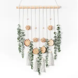 Boho Bathroom Decor Artificial Eucalyptus Hanging Wall Decor Fake Greenery Leaves Plants Wicker Ball on 16.5 inch Stick Rustic Farmhouse Natural Decorations with Wood Beads, Slices & Tassels For Bedroom Kitchen Nursery Office Bathroom Living Room