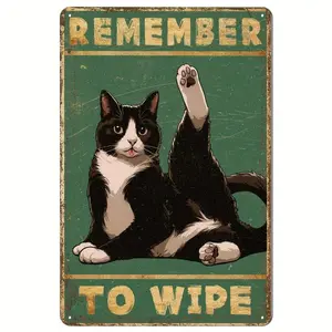 2D Vintage Cat-Themed Metal Sign "REMEMBER To WIPE" - Humorous Bathroom Wall Art, Retro Decor for Home, Cafe, Bar, for Man Cave Frameless, Animal Illustration, Bathroom Decor