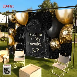 2D Flat, 1pc Vintage-Style "Death to My Twenties, R.P." Party Banner - Elegant Black & Golden Balloon & Rose Design, Polyester Fabric Backdrop for Birthdays, Weddings, Office & Cafe Decor, No Power Neede