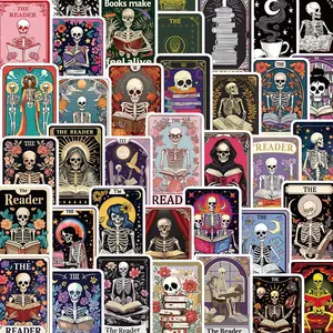 Skeleton Tarot Card Sticker, 50pcs/set Creative Decorative Sticker, DIY Decals for Water Bottle, Laptop, Phone Case, Cellphone, Scrapbooking, Journal Making, Halloween