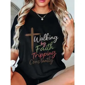 100% Cotton Unisex Christian Faith Humor Graphic Tees Vintage Walking By Faith Tripping Constantly Funny Christian T-Shirt Casual Graphic Printed Vintage Tshirt