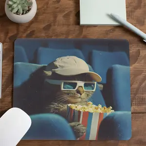 Funny Movie Night Cat Square mouse pad, Aesthetic Desktop Decorative Protective Pad, Rubber Anti-slip Lockedge Work Pad, Small Size Suitable for Laptop, Desktop Computer Games, Work, Family, Gaming Mouse Pads