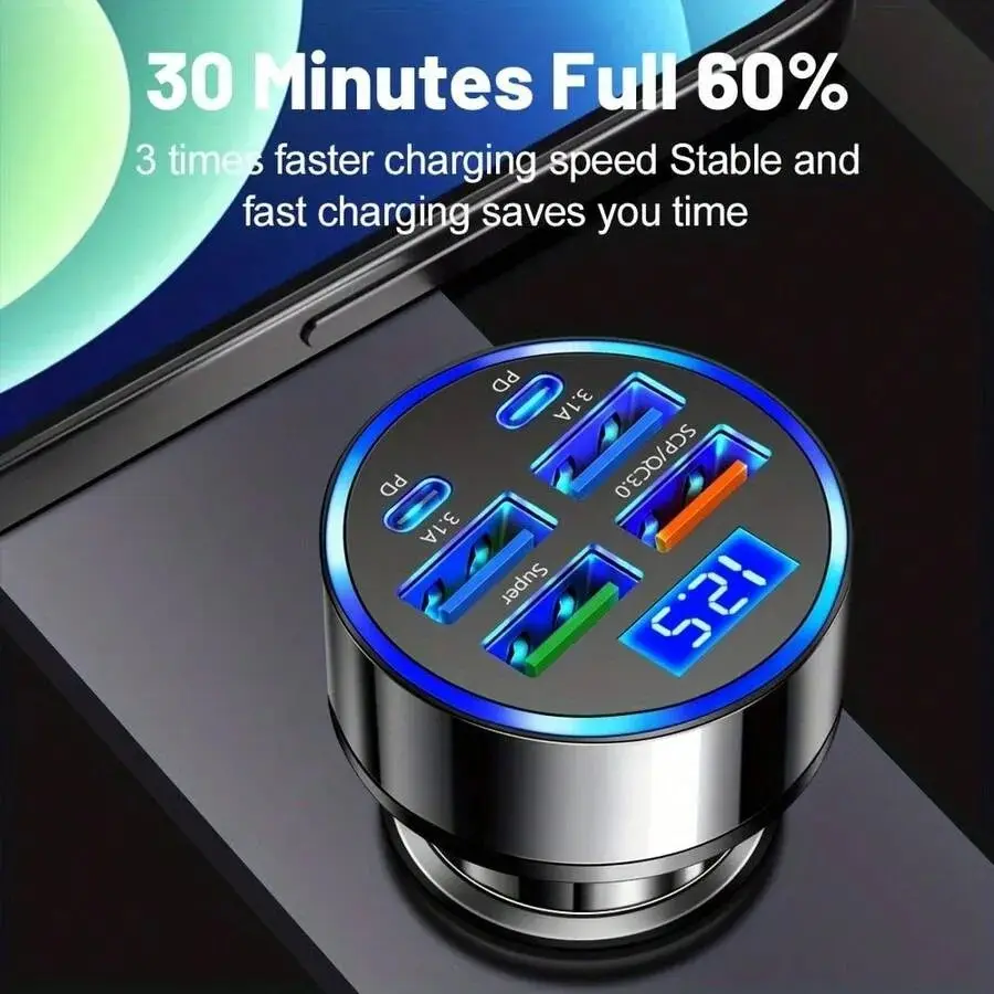 6-in-1 Multifunction Compact DC Car Charger Adapter - 2PD Ports, 3USB Ports, QC3.0 Fast Charge, Cigarette Lighter Plug, Digital Display Voltage Check, Travel-Friendly Traveling Gadgets for iPhone, Android, Most Car Models